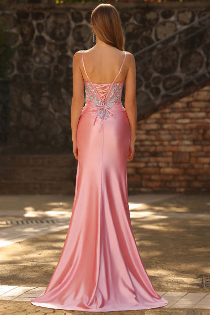 Sparkly Blush Corset Mermaid Ruched Maxi Prom Dress with Sequins