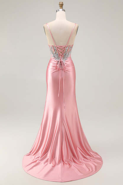 Sparkly Blush Corset Mermaid Ruched Maxi Prom Dress with Sequins