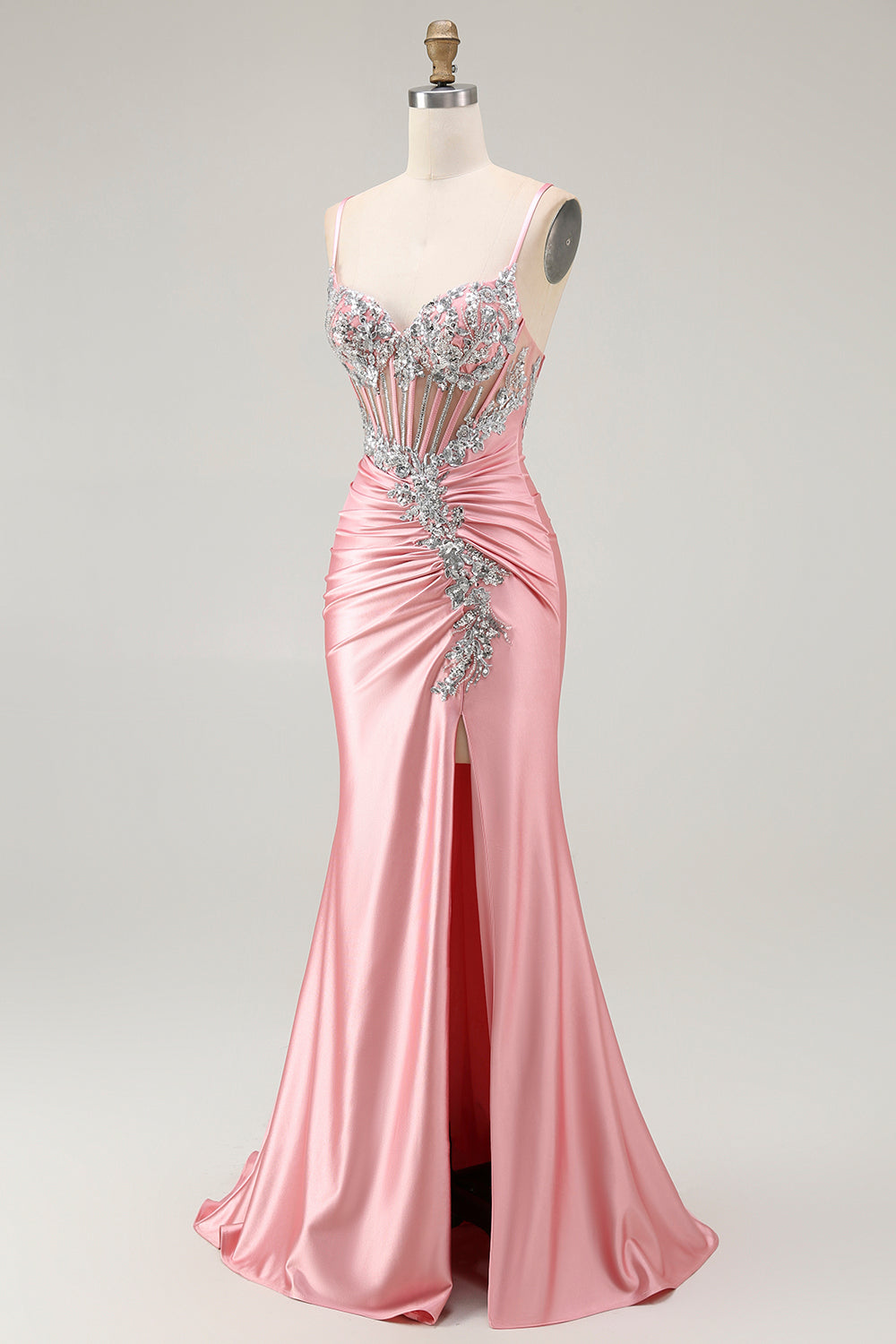 Sparkly Blush Corset Mermaid Sequins Maxi Prom Dress with Slit