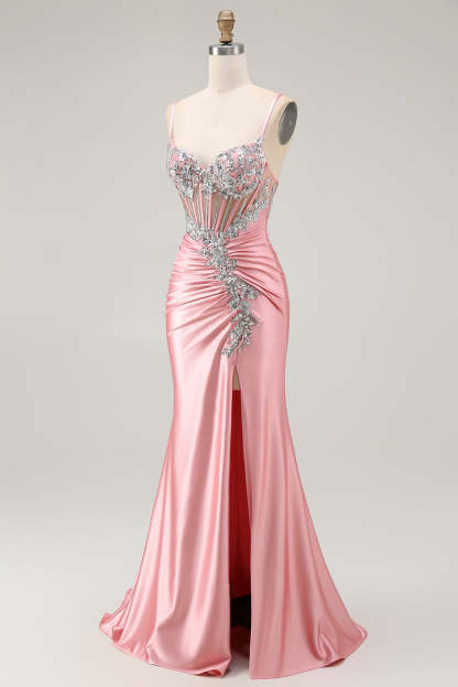 Sparkly Blush Corset Mermaid Sequins Maxi Prom Dress with Slit