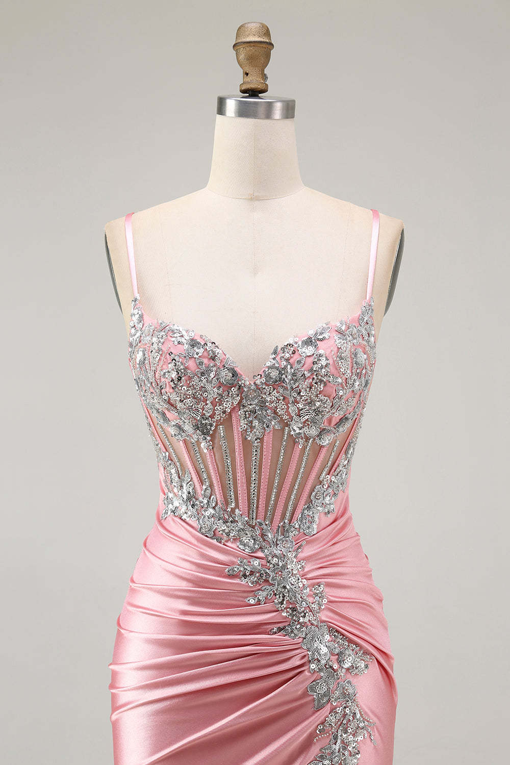 Sparkly Blush Corset Mermaid Sequins Maxi Prom Dress with Slit