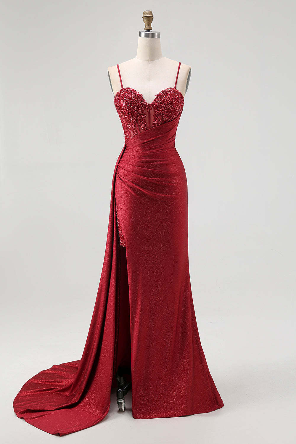 Burgundy Mermaid Spaghetti Straps Long Corset Prom Dress with Side Cape
