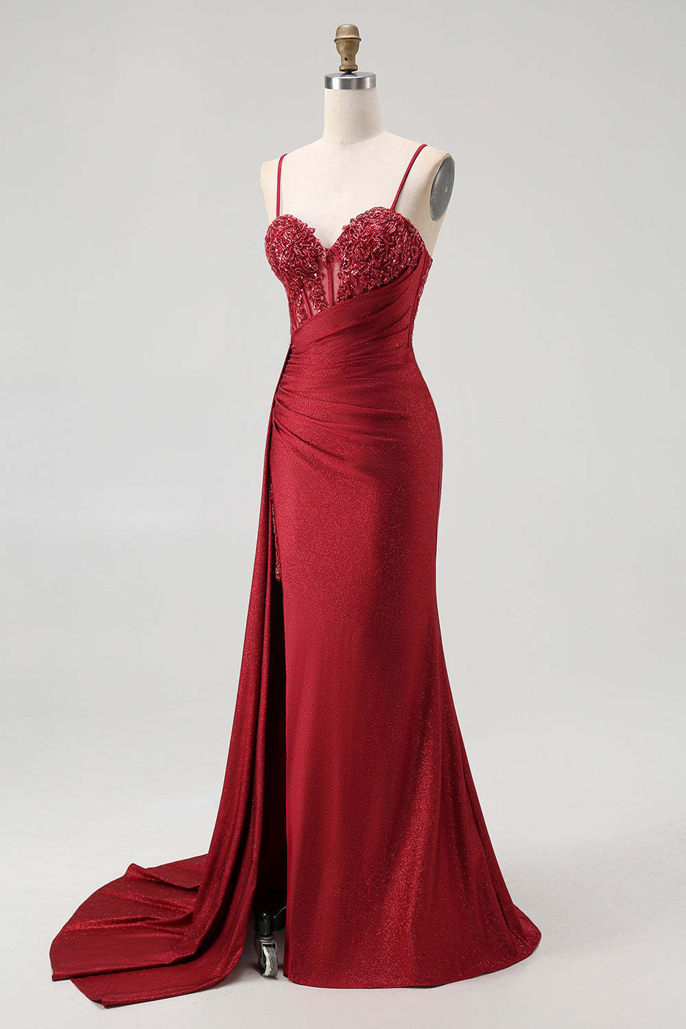 Burgundy Spaghetti Straps Long Mermaid Corset Prom Dress with Beading
