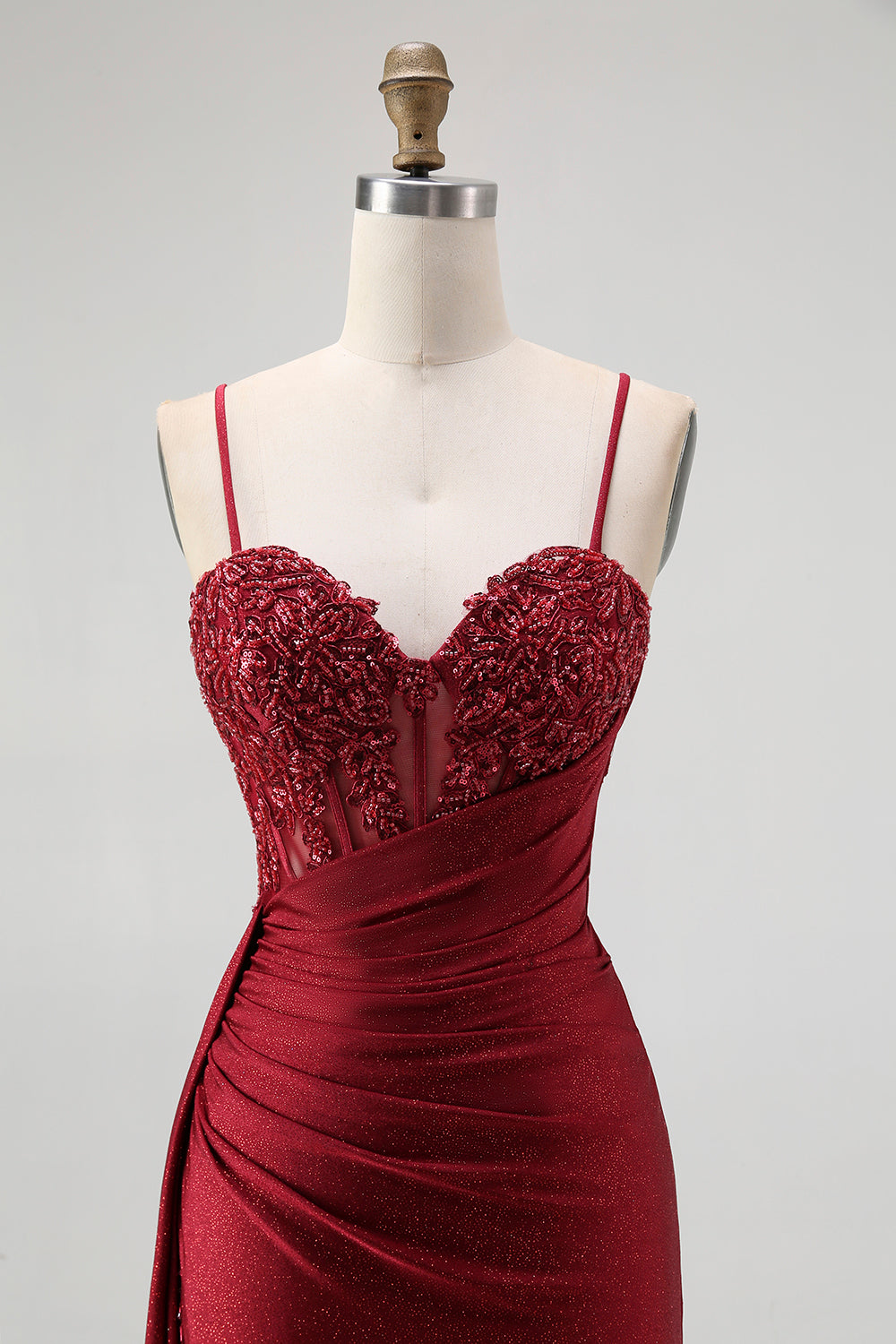 Burgundy Spaghetti Straps Long Mermaid Corset Prom Dress with Beading