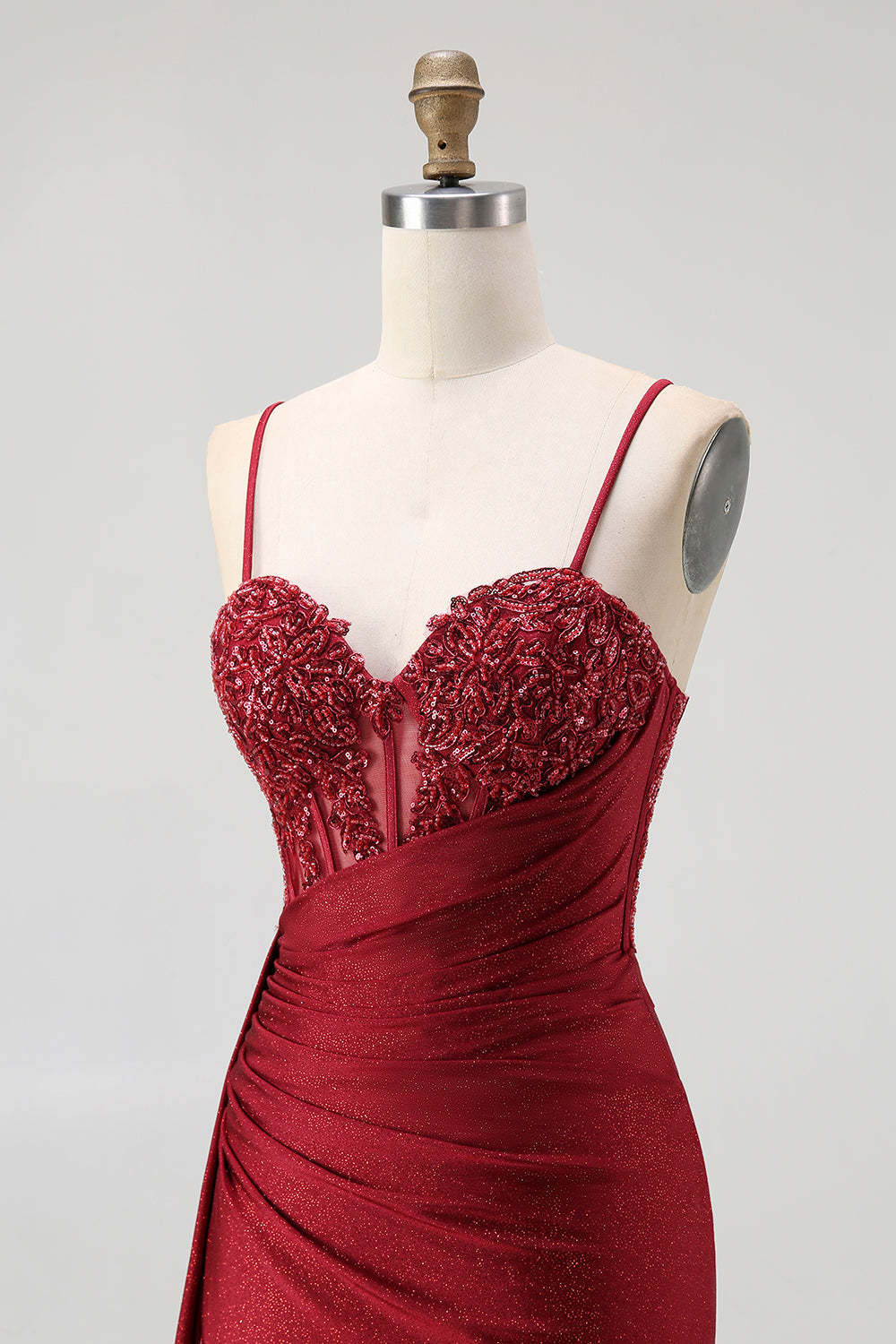 Burgundy Spaghetti Straps Long Mermaid Corset Prom Dress with Beading