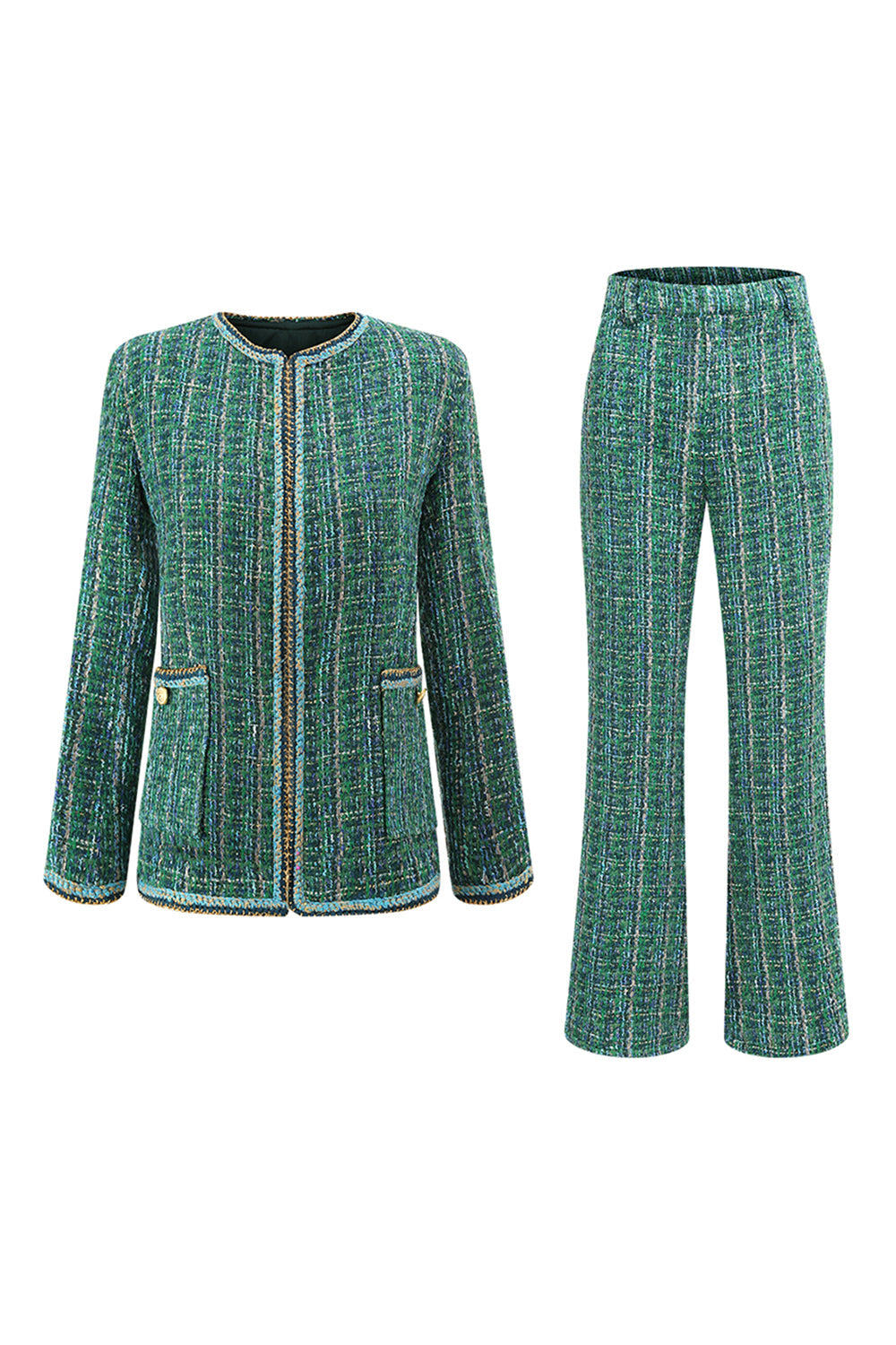 Leely Women Dark Green Tweed 2 Piece Women Prom Suits Collarless Plaid Business Suits with Pockets