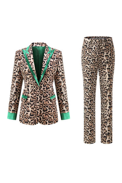 Leely Women Coffee 2 Piece Leopard Women Prom Suits Peak Lapel One Button Work Pantsuits with Sleeves