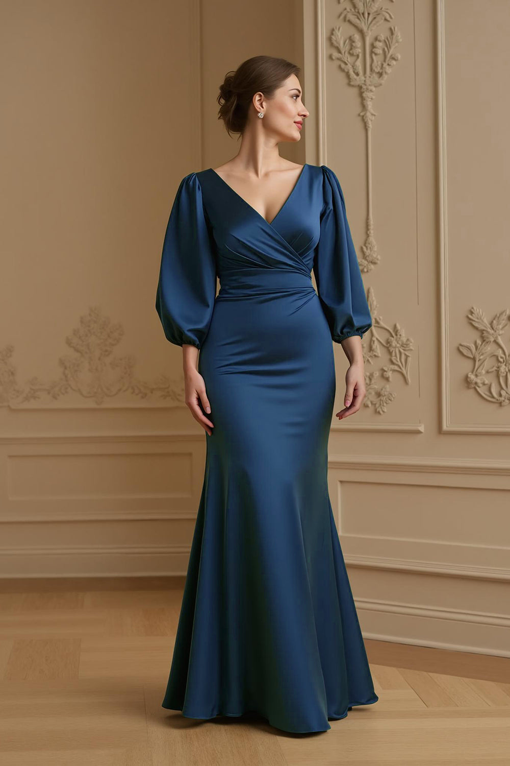 Navy Mermaid Satin V-Neck Long Wedding Guest Dress with Sleeves
