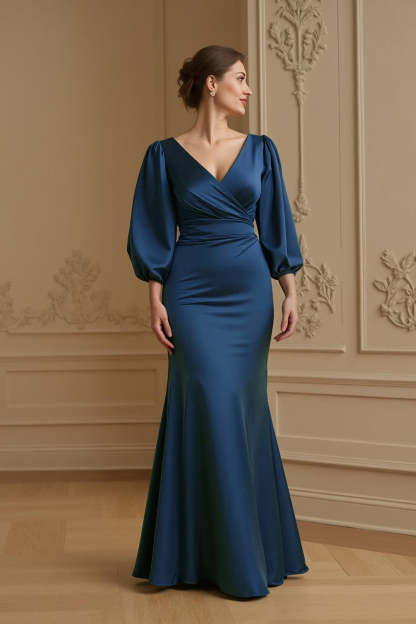 Navy Mermaid Satin V-Neck Long Wedding Guest Dress with Sleeves