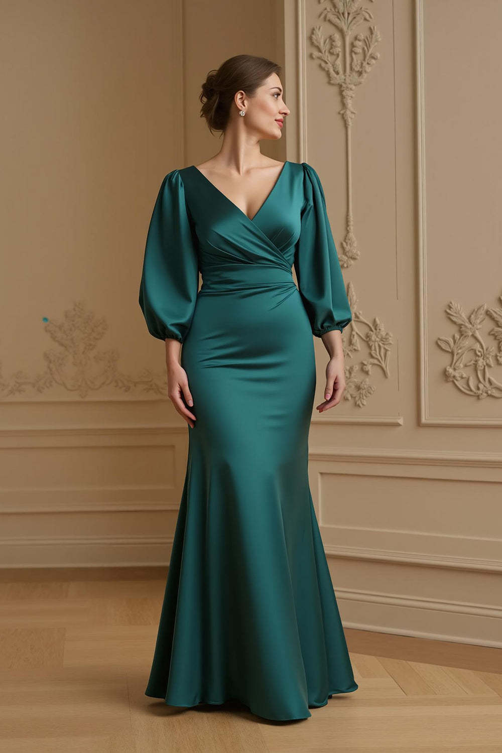 Navy Mermaid Satin V-Neck Long Wedding Guest Dress with Sleeves