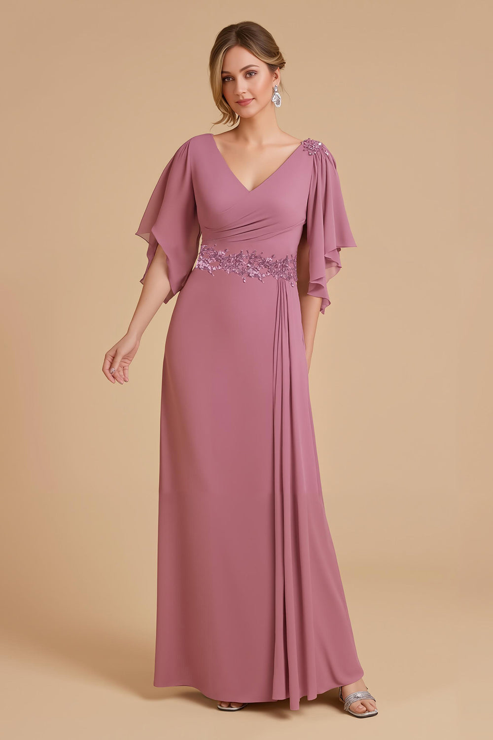 Leely Women Dusty Rose Sheath Chiffon Long Wedding Guest Dress with Ruffles Ruched V-Neck Mother of the Bride Dress with Appliques