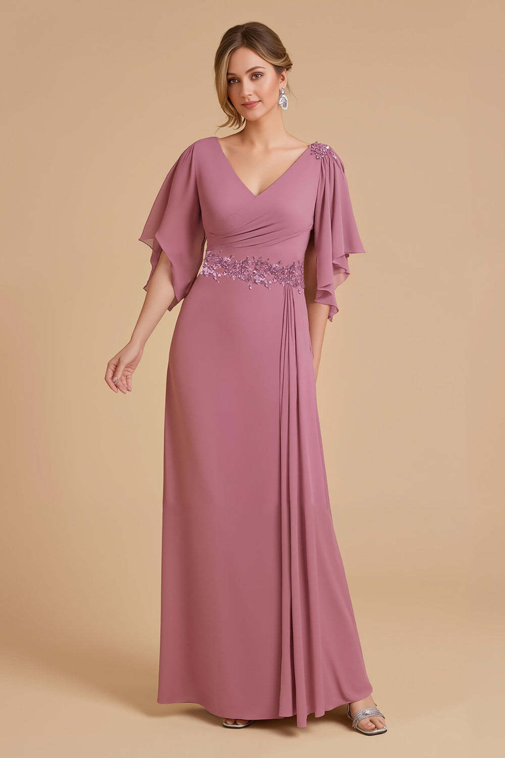 Leely Women Dusty Rose Sheath Chiffon Long Wedding Guest Dress with Ruffles Ruched V-Neck Mother of the Bride Dress with Appliques