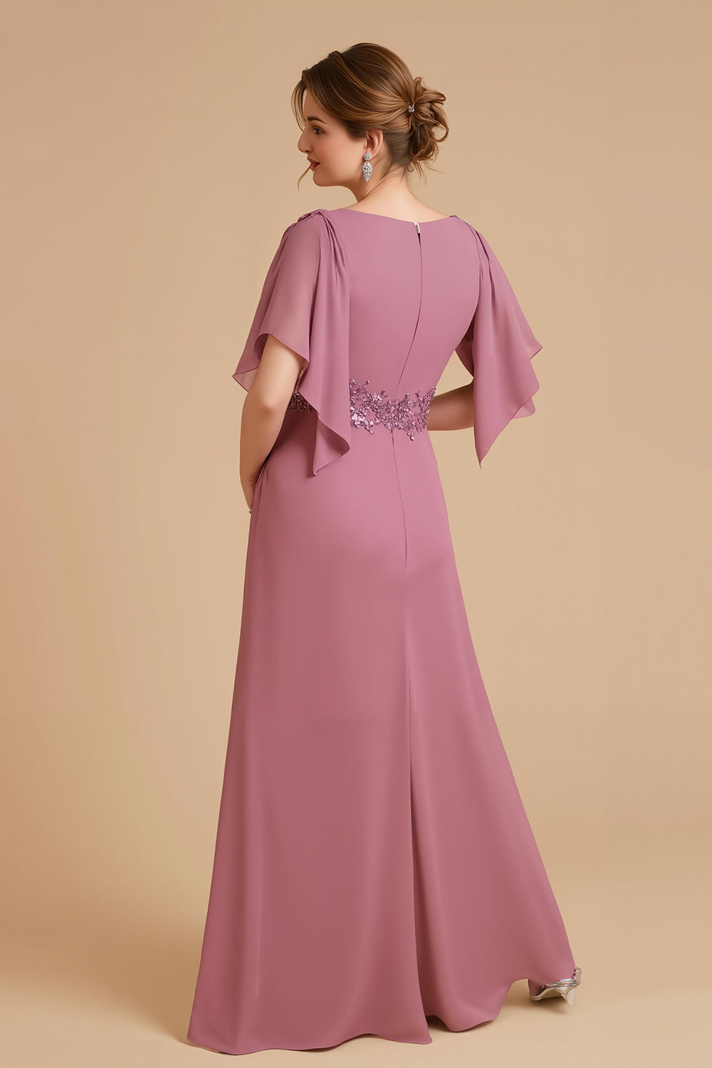 Dusty Rose Sheath Chiffon Long Wedding Guest Dress with Ruffles
