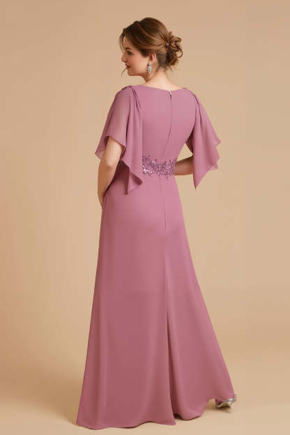 Dusty Rose Sheath Chiffon Long Wedding Guest Dress with Ruffles