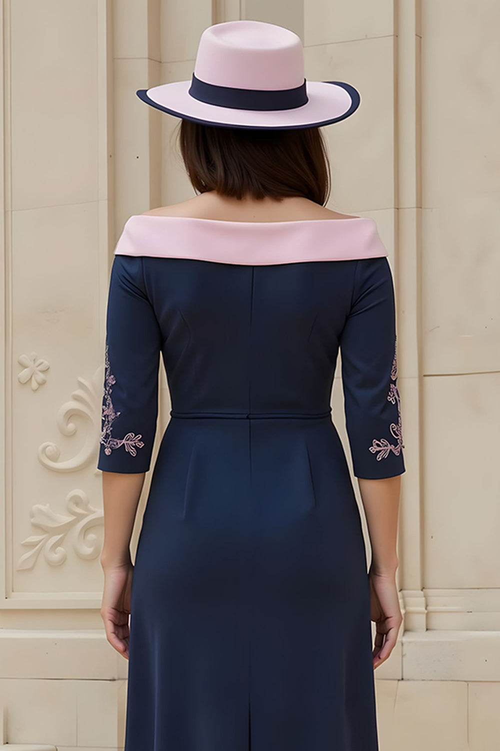 Navy Pink Satin Sheath Off the Shoulder Midi Wedding Guest Dress with Sleeves