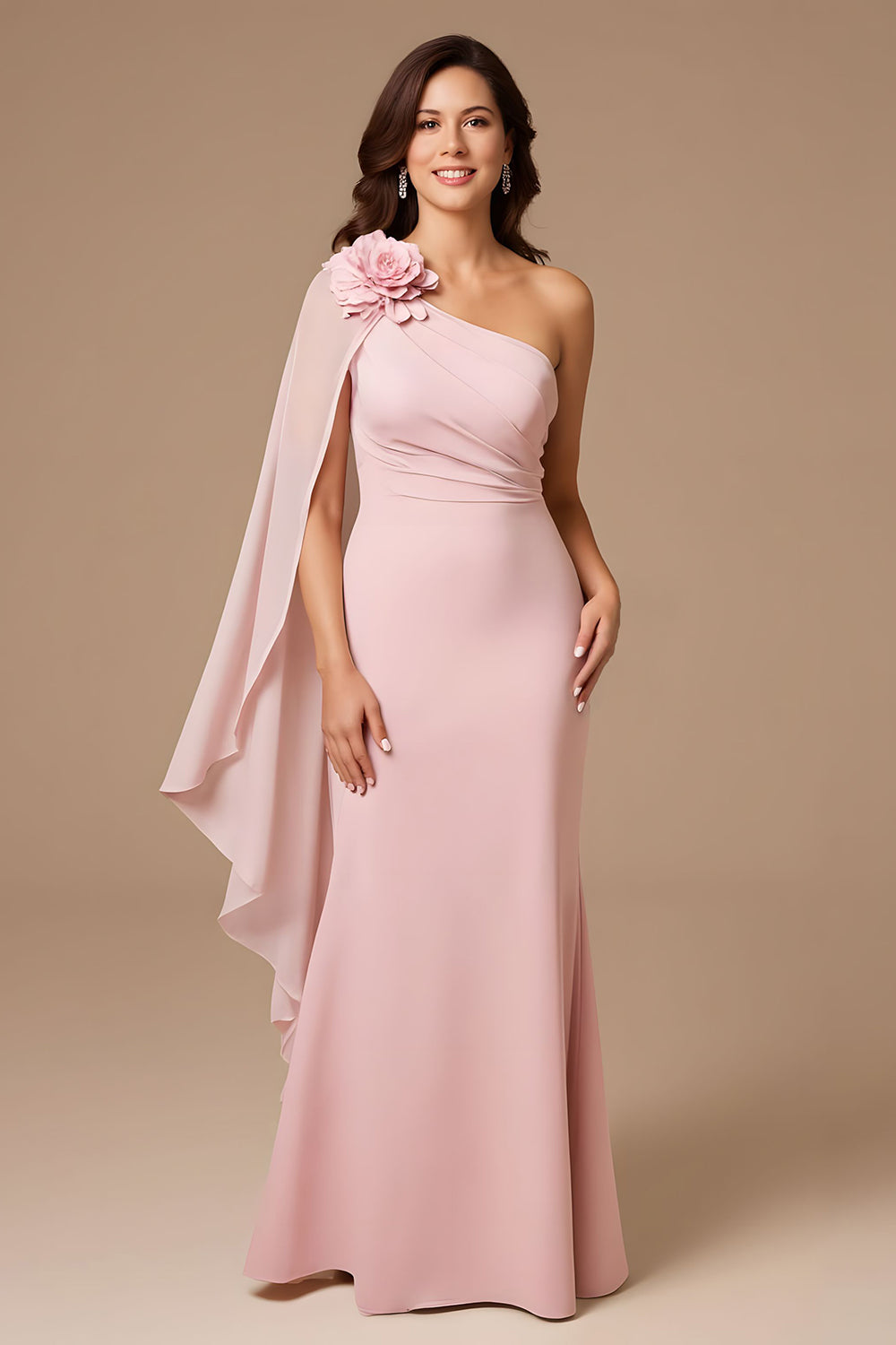 Leely Women Candy Pink Sheath Chiffon Long Wedding Guest Dress with Cape Ruched One Shoulder Bridesmaid Dress with 3D Flower