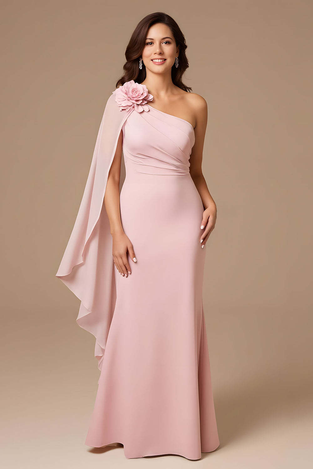 Leely Women Candy Pink Sheath Chiffon Long Wedding Guest Dress with Cape Ruched One Shoulder Bridesmaid Dress with 3D Flower