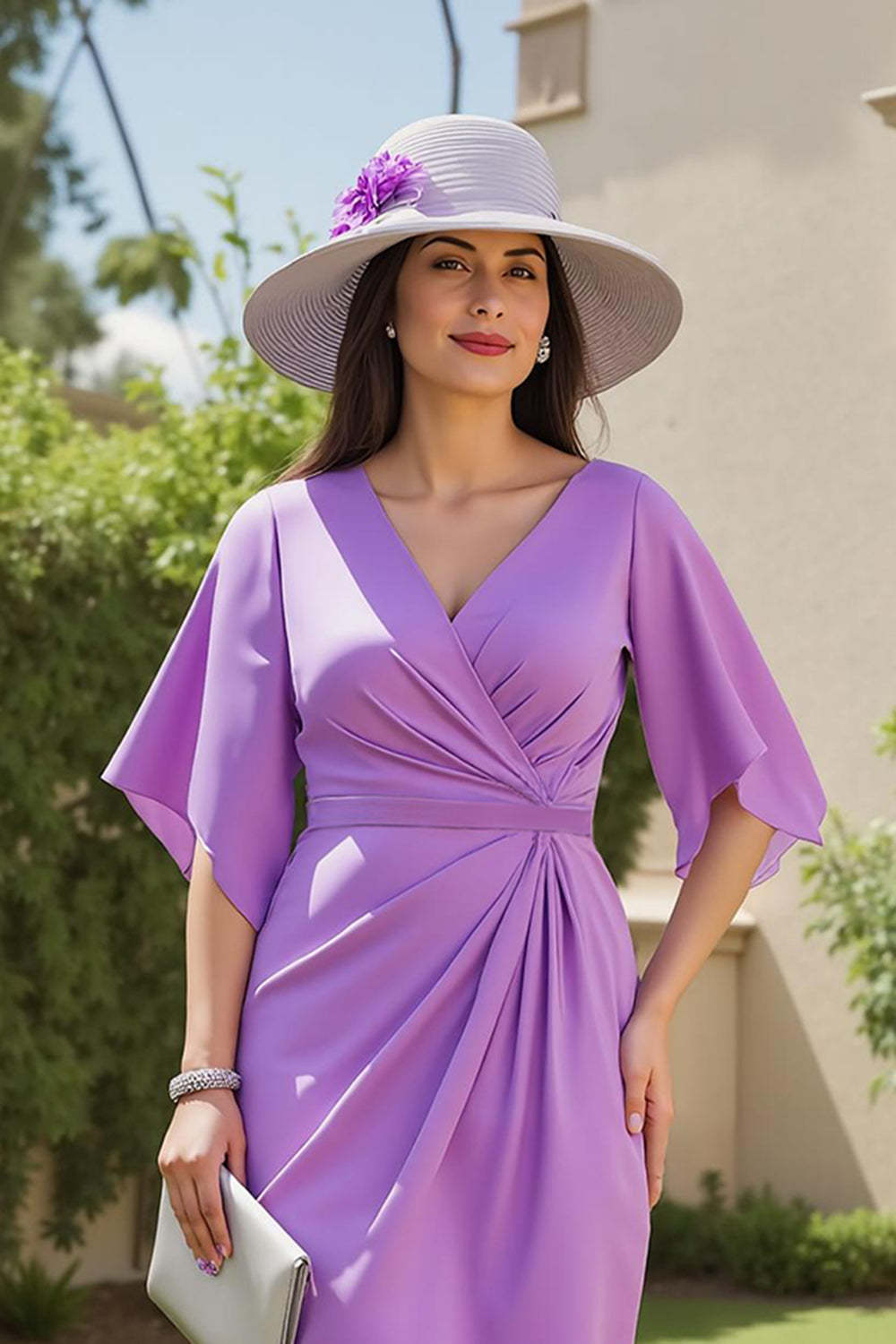 Purple Sheath Ruched Midi Wedding Guest Dress with Sleeves