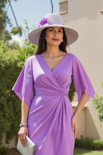 Purple Sheath Ruched Midi Wedding Guest Dress with Sleeves
