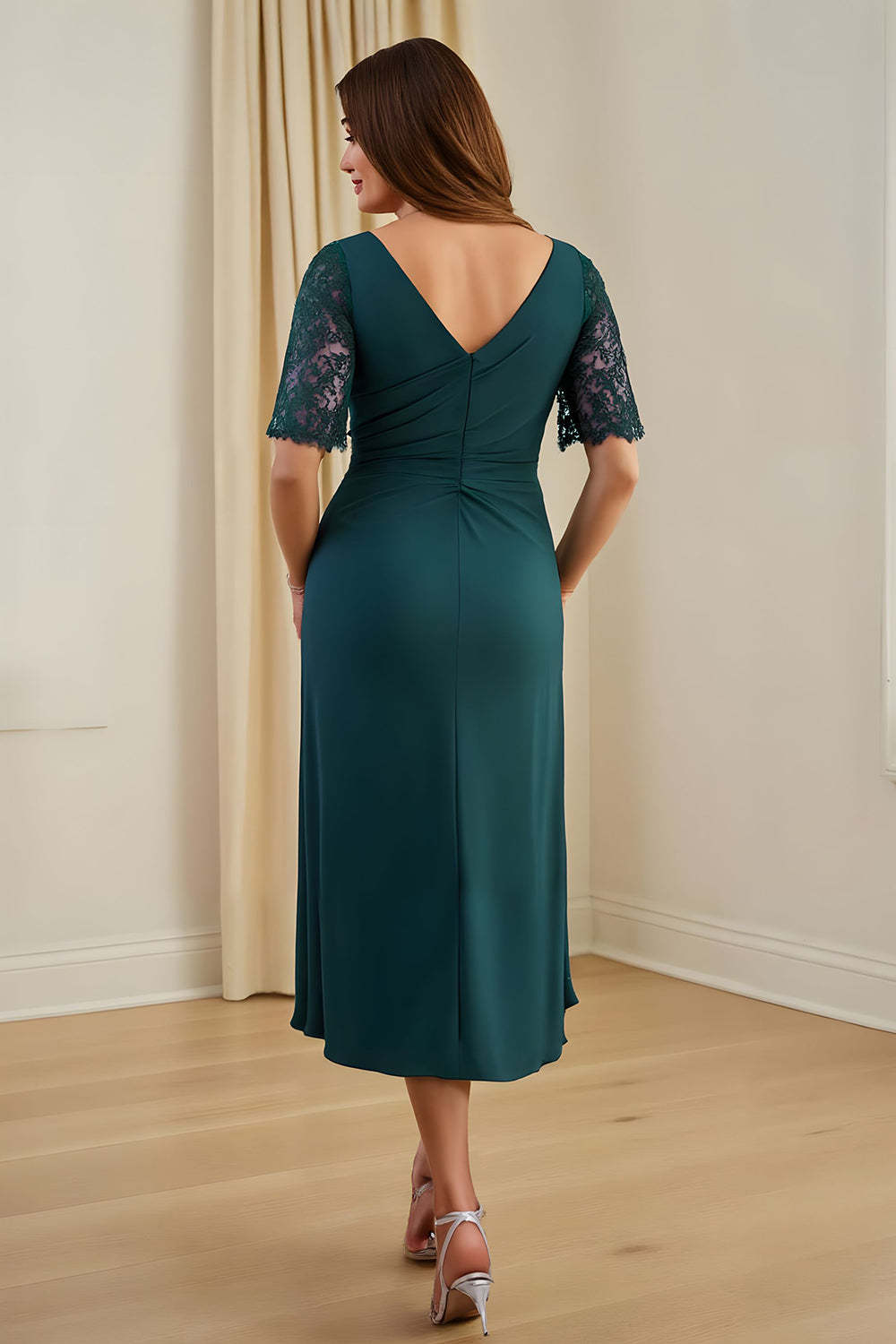 Pine Sheath V-Neck Ruched Midi Wedding Guest Dress with Lace
