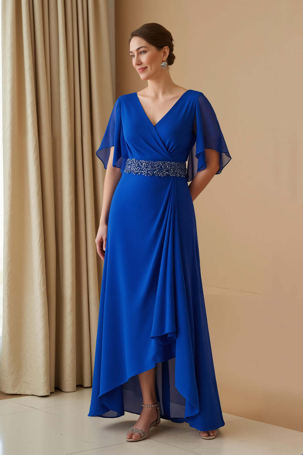 Leely Women Royal Blue Sheath Chiffon Long Wedding Guest Dress with Beading V-Neck Asymmetrical Mother of the Bride Dress with Sleeves