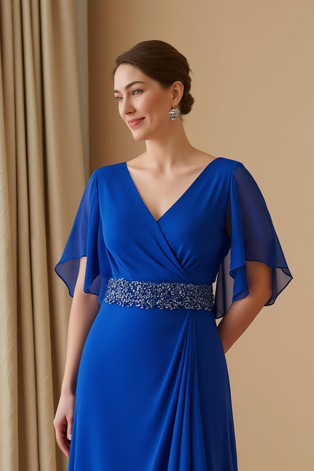 Royal Blue Chiffon V-Neck Long Wedding Guest Dress with Beading