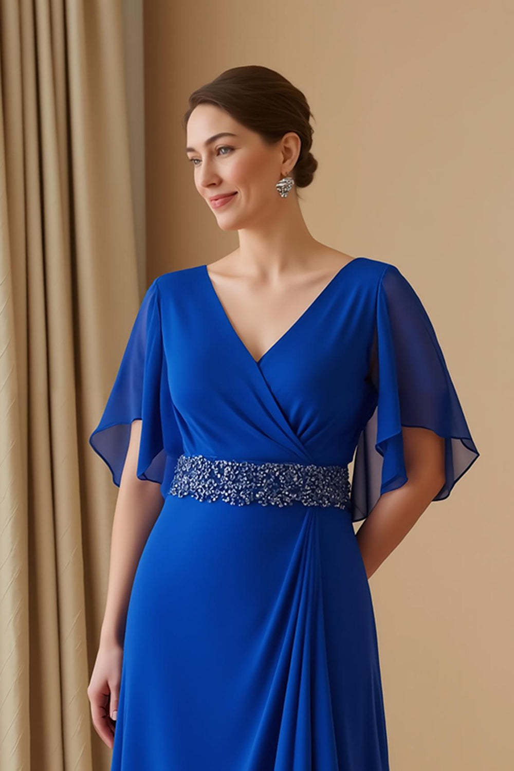 Royal Blue Chiffon V-Neck Long Wedding Guest Dress with Beading