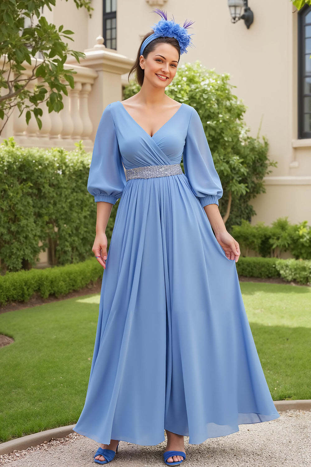 Dusty Blue Chiffon A Line V-Neck Maxi Wedding Guest Dress with Beading