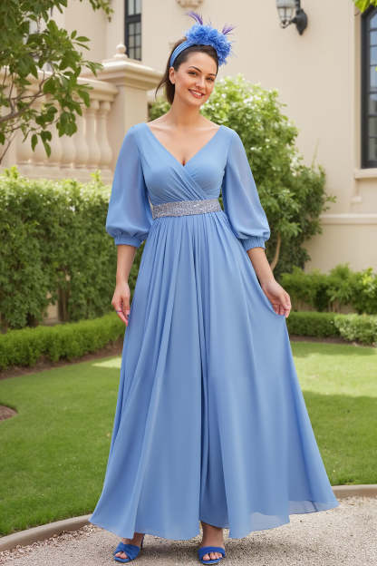 Dusty Blue Chiffon A Line V-Neck Maxi Wedding Guest Dress with Beading