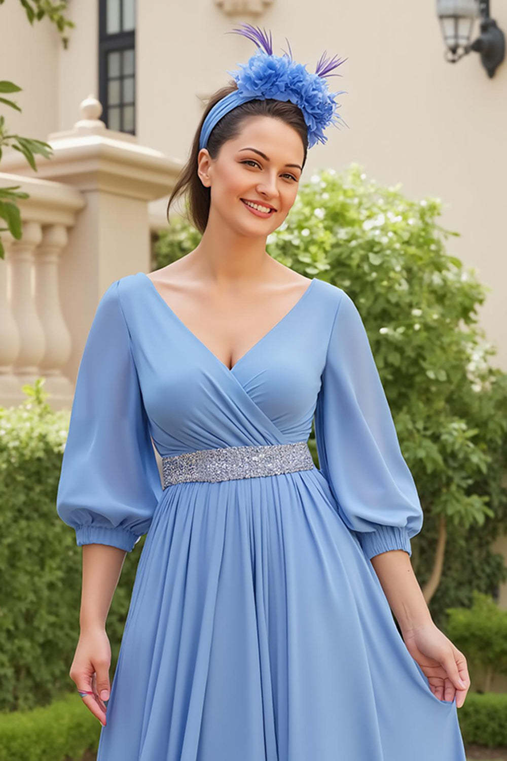 Dusty Blue Chiffon A Line V-Neck Maxi Wedding Guest Dress with Beading