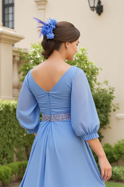 Dusty Blue Chiffon A Line V-Neck Maxi Wedding Guest Dress with Beading