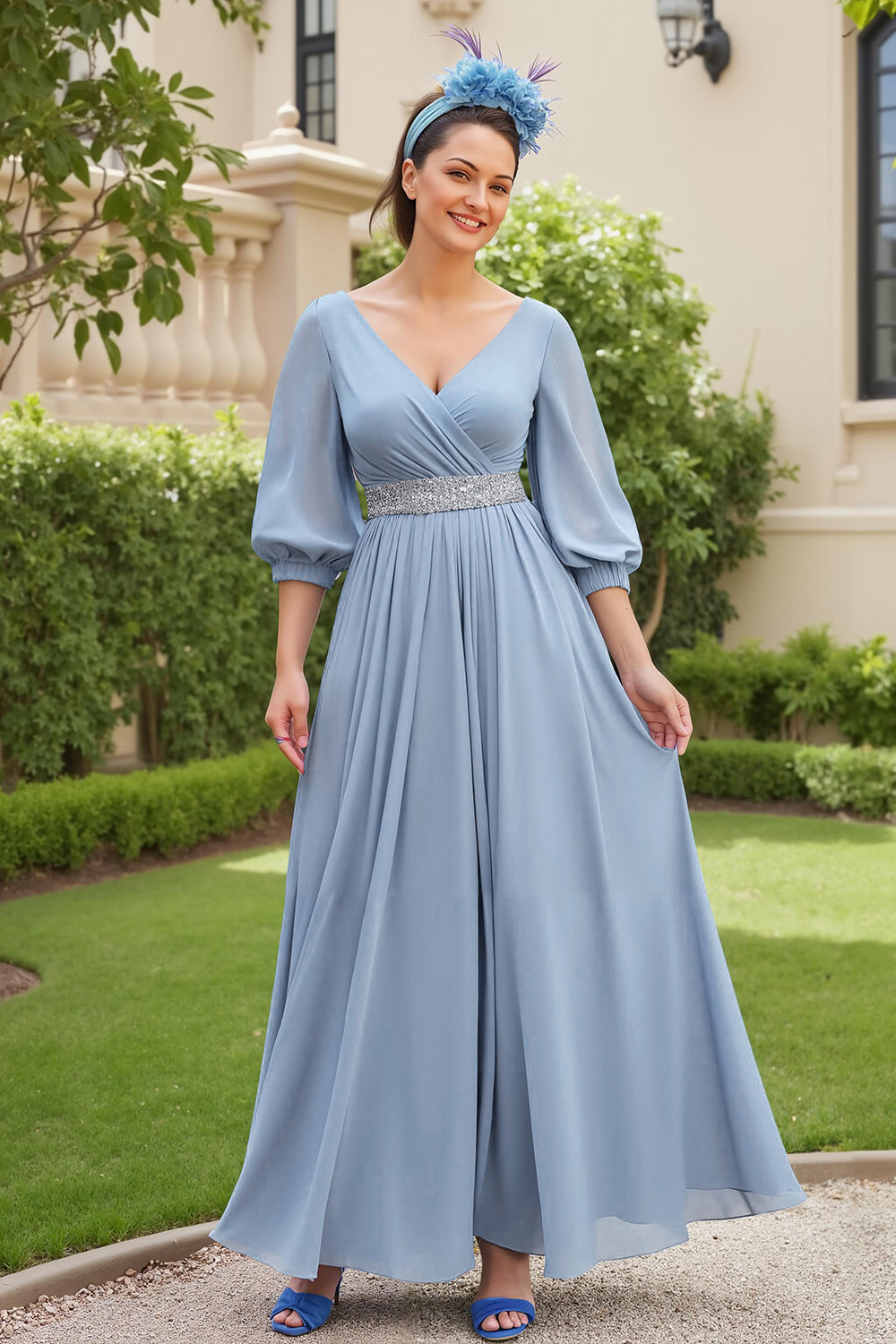 Leely Women Dusty Blue Chiffon Long Wedding Guest Dress with Beading A Line Ruched V-Neck Mother of the Bride Dress with Sleeves