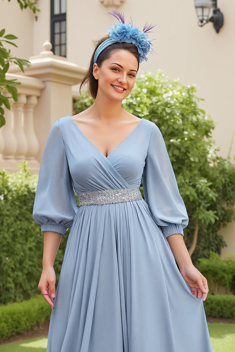 Dusty Blue Chiffon A Line V-Neck Maxi Wedding Guest Dress with Beading