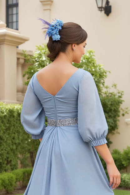 Dusty Blue Chiffon A Line V-Neck Maxi Wedding Guest Dress with Beading