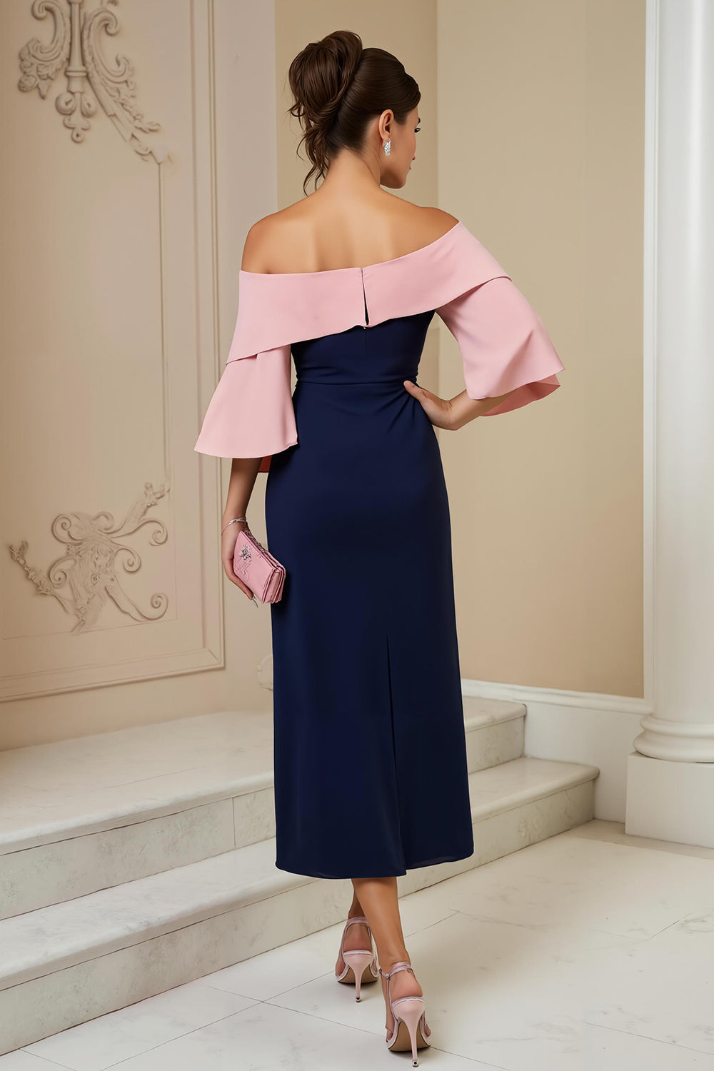 Navy Sheath Satin Off the Shoulder Midi Wedding Guest Dress with Slit