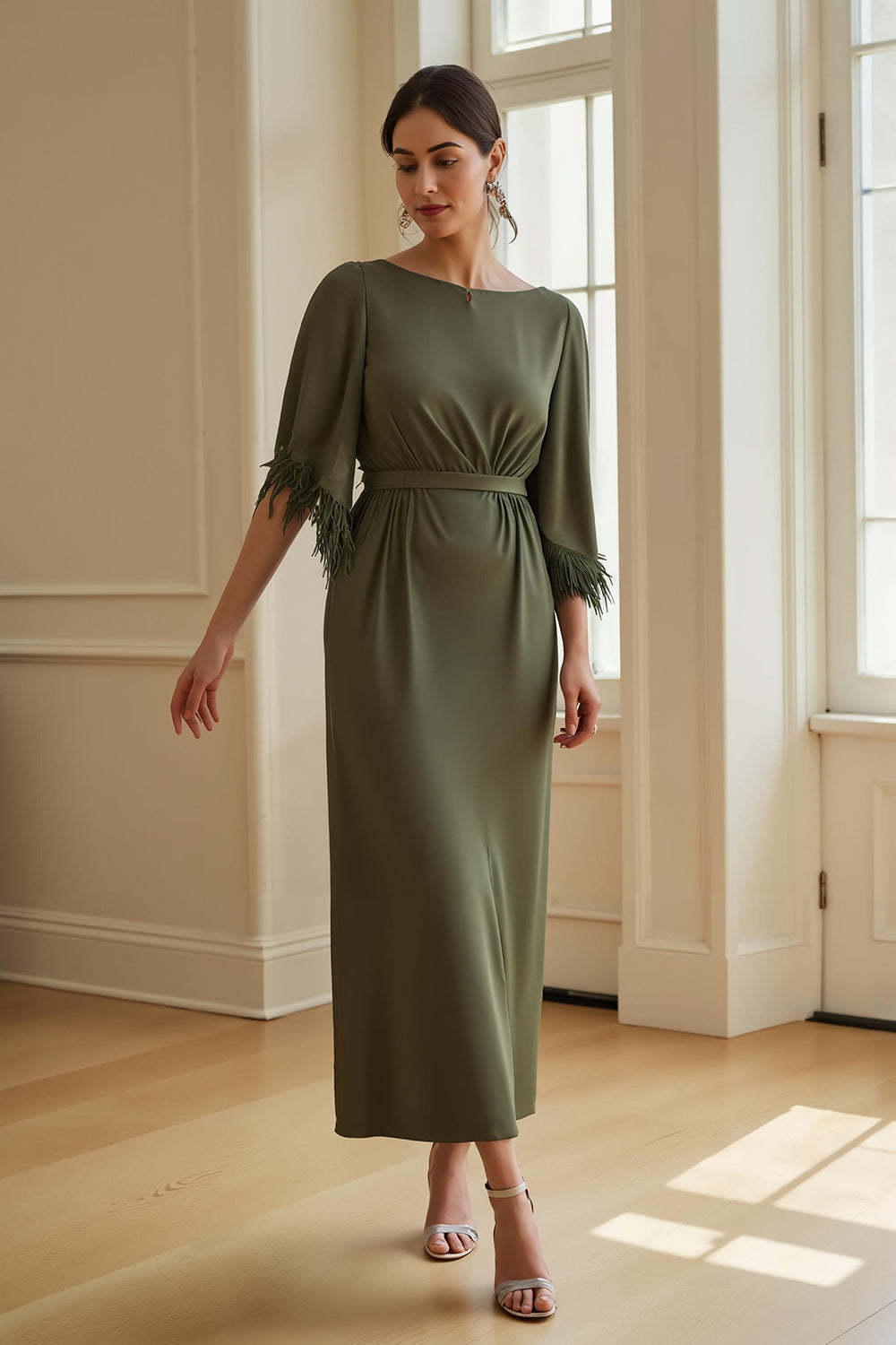 Leely Women Olive Sheath Maxi Wedding Guest Dress with Fringes Boat Neck Mother of the Bride Dress with Sleeves