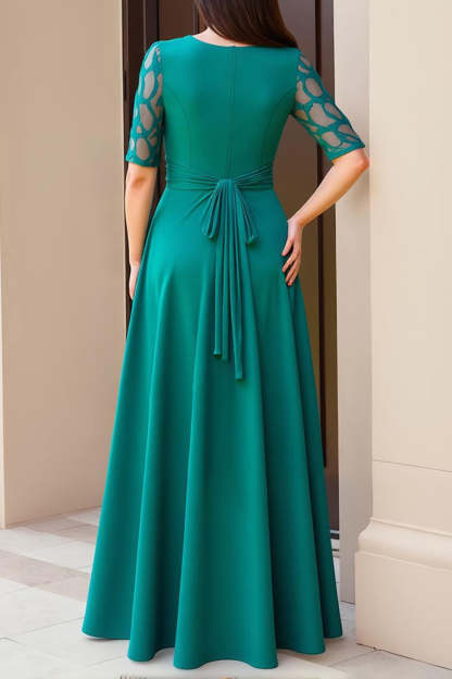 Pine Chiffon Boat Neck Long Wedding Guest Dress with Sleeves
