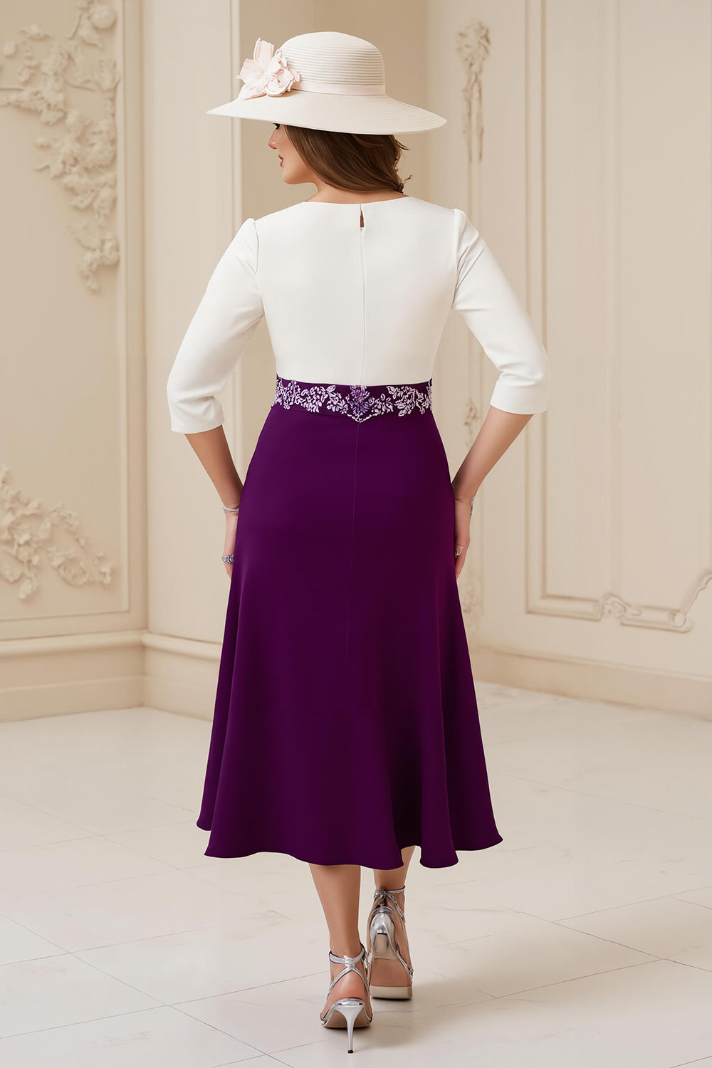 Navy White A Line Boat Neck Midi Wedding Guest Dress with Appliques