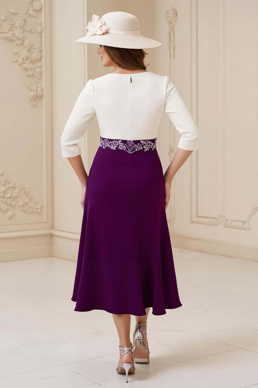 Navy White A Line Boat Neck Midi Wedding Guest Dress with Appliques