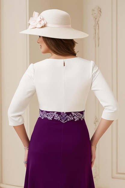 Navy White A Line Boat Neck Midi Wedding Guest Dress with Appliques