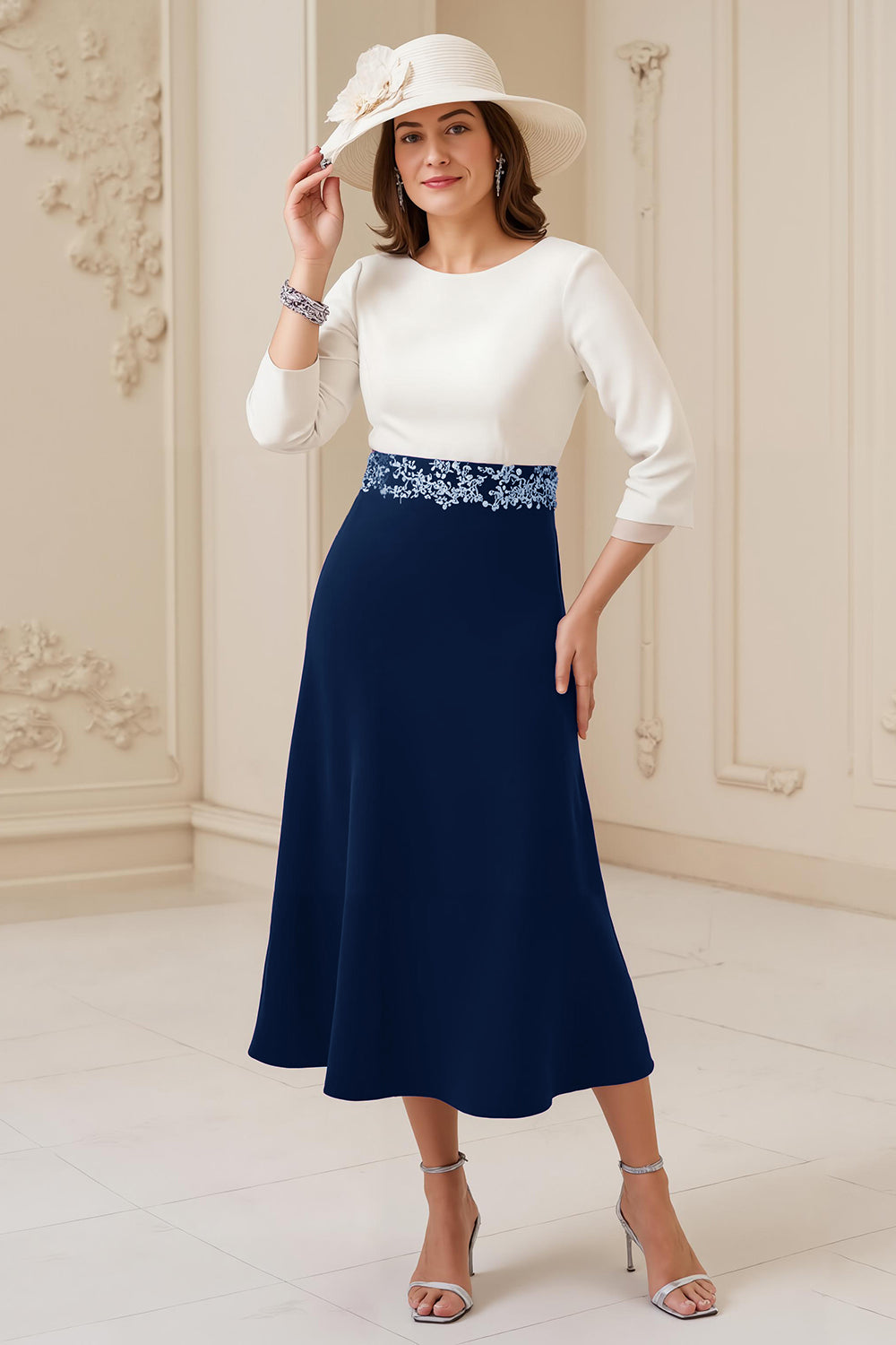 Navy White A Line Boat Neck Midi Wedding Guest Dress with Appliques