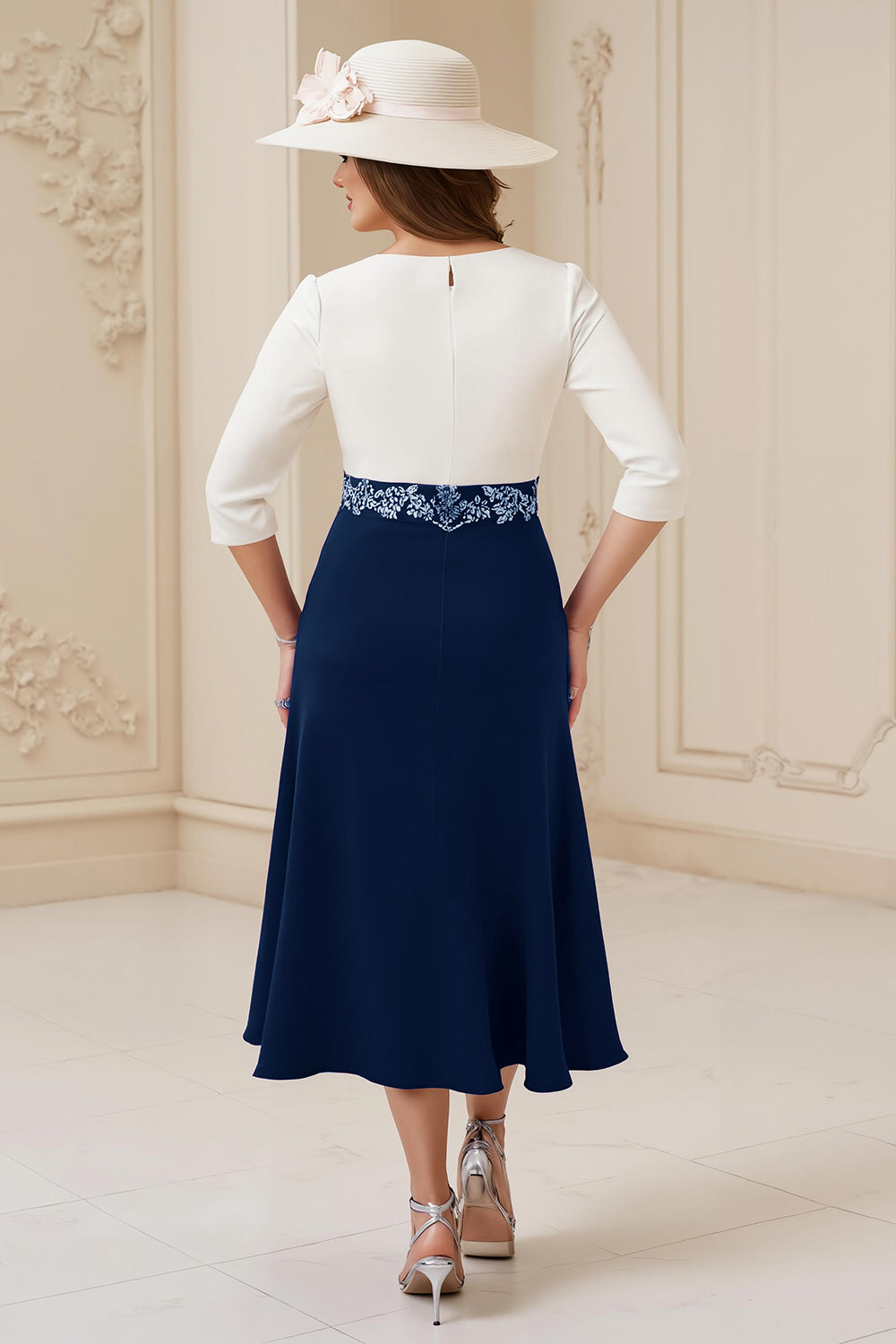 Navy White A Line Boat Neck Midi Wedding Guest Dress with Appliques