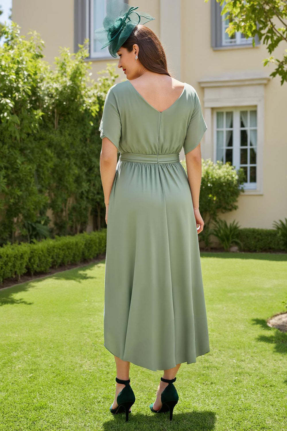 Eucalyptus Sheath Boat Neck High Low Wedding Guest Dress with Sleeves