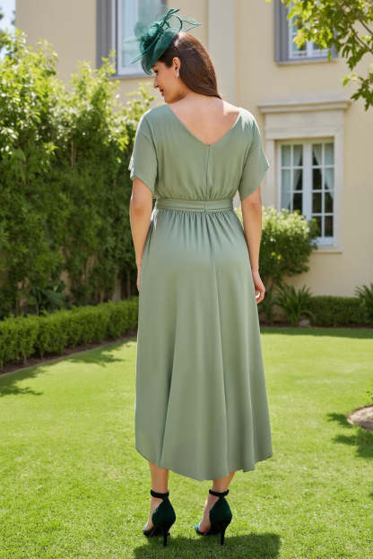 Eucalyptus Sheath Boat Neck High Low Wedding Guest Dress with Sleeves