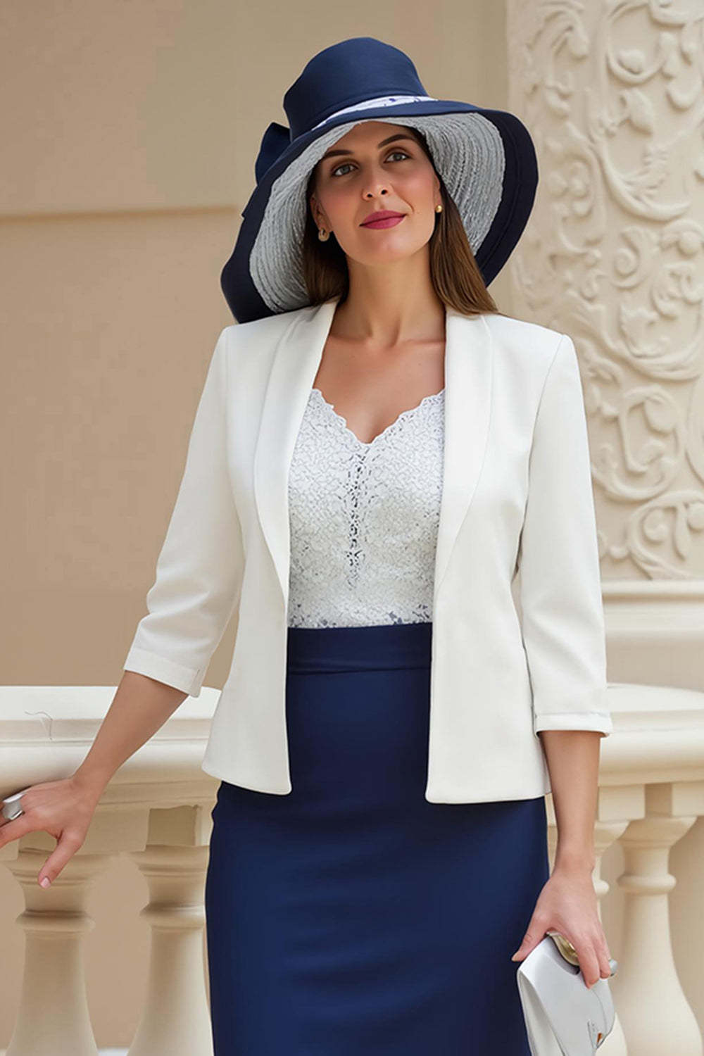 Navy 2 Piece Sheath Satin Midi Wedding Guest Dress with Lace