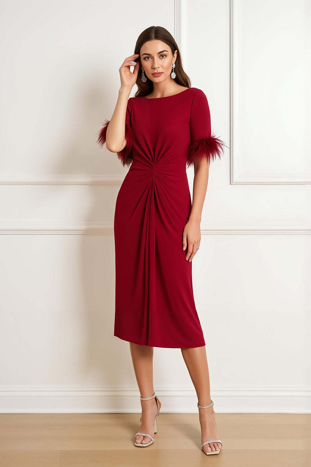 Leely Women Dark Red Satin Sheath Midi Wedding Guest Dress with Feathers Ruched Boat Neck Backless Mother of the Bride Dress with Sleeves