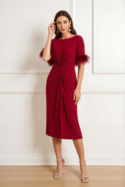 Leely Women Dark Red Satin Sheath Midi Wedding Guest Dress with Feathers Ruched Boat Neck Backless Mother of the Bride Dress with Sleeves