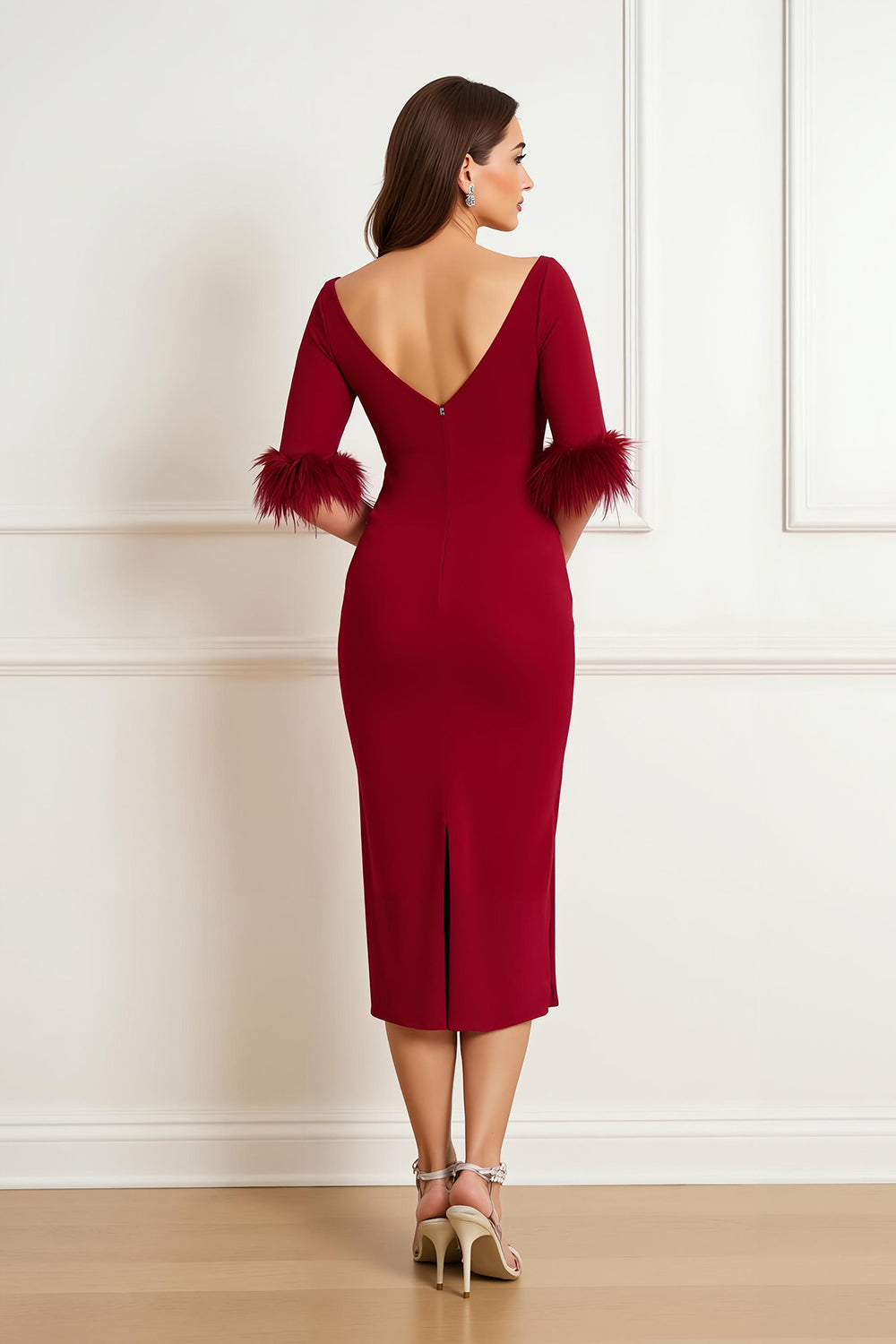 Dark Red Sheath Satin Boat Neck Midi Wedding Guest Dress with Feathers