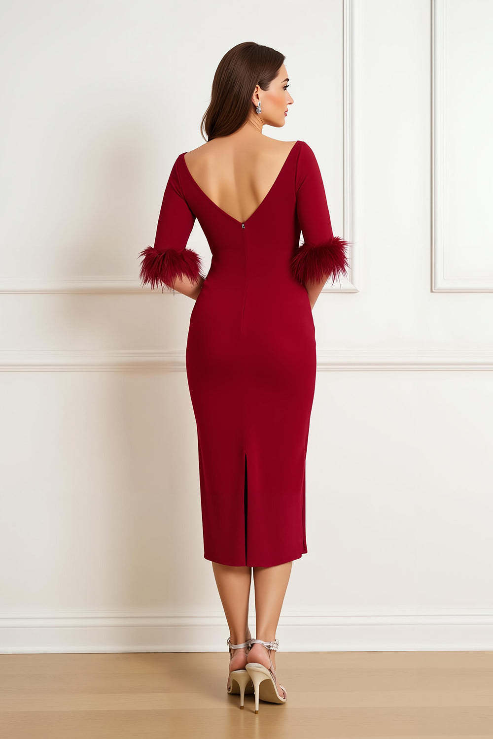 Dark Red Sheath Satin Boat Neck Midi Wedding Guest Dress with Feathers