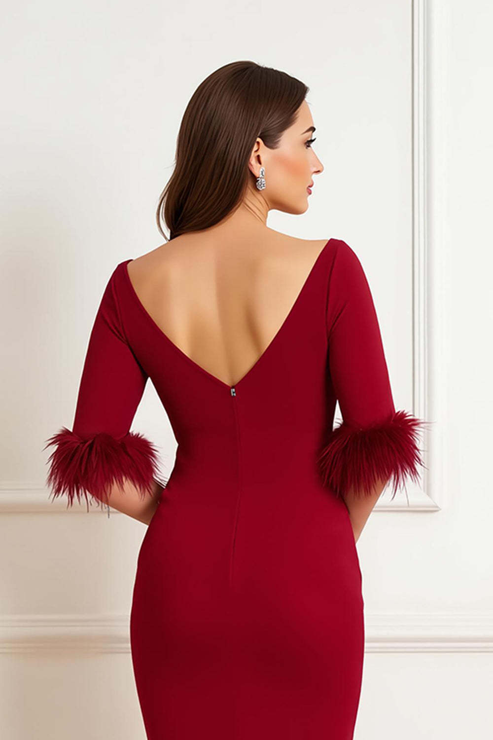 Dark Red Sheath Satin Boat Neck Midi Wedding Guest Dress with Feathers